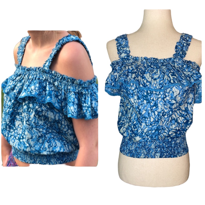 Nwt House Of Harlow 1960 Martine Dark & Light Aqua Blue Print Ruffle Top - M